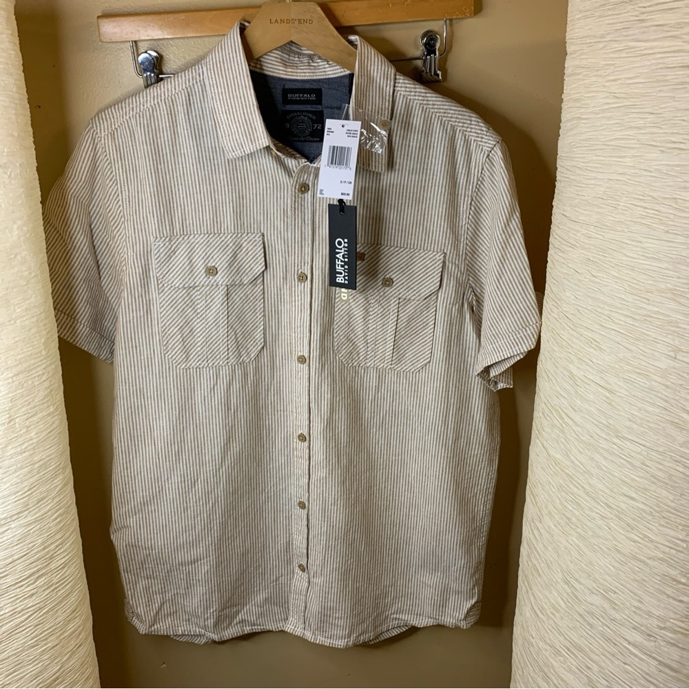 NEW David Bitton Buffalo striped linen blend button down shirt